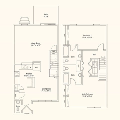Floor plan for 3 beds, 2.5 baths, 1451 sqft